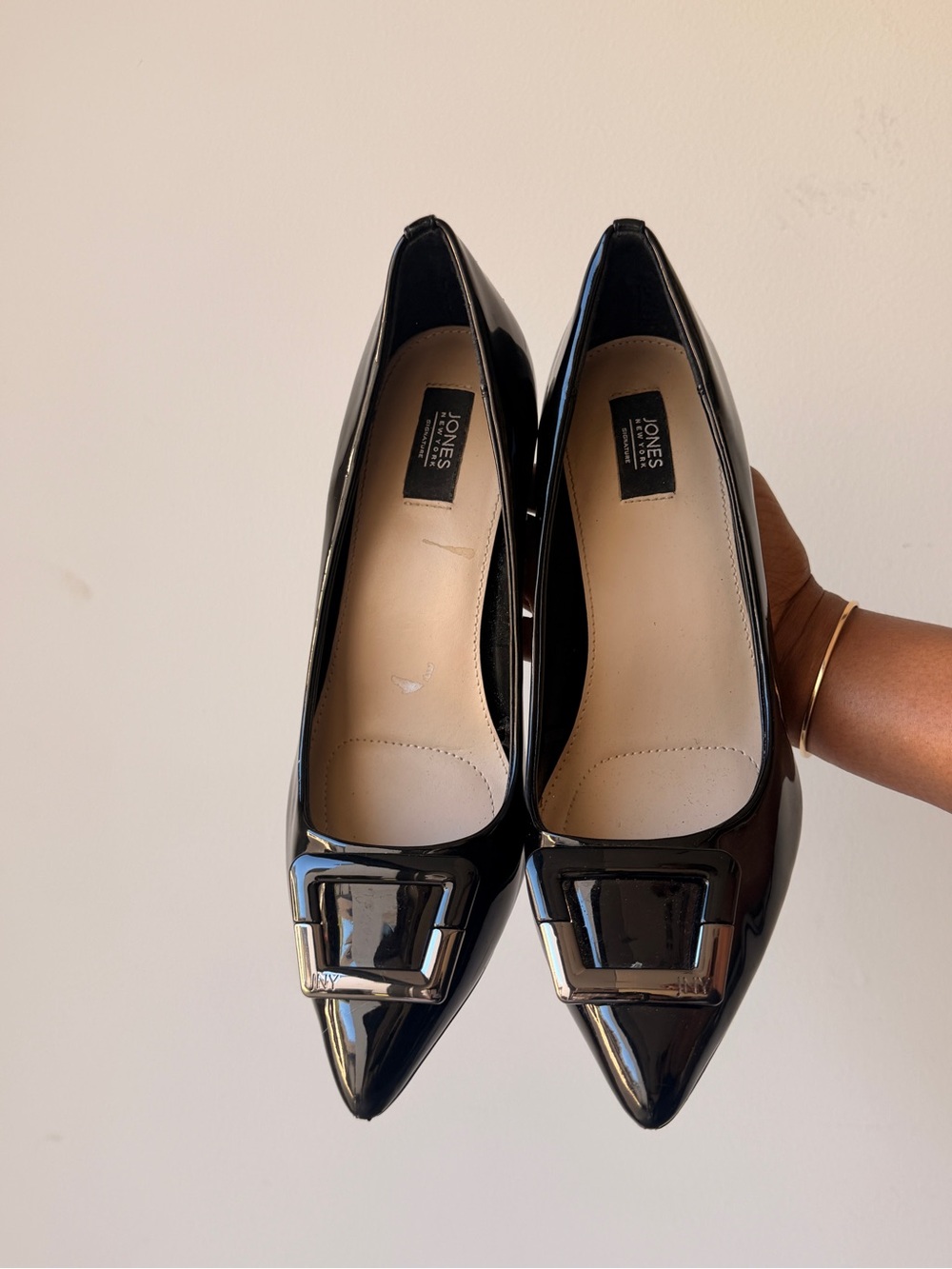 Jones New York Black Patent Pointed Flats with Silver Buckle